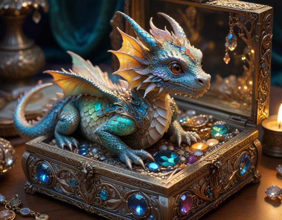 Whimsical Baby Dragon Amidst Treasure Trove of Jewelry in Dr...