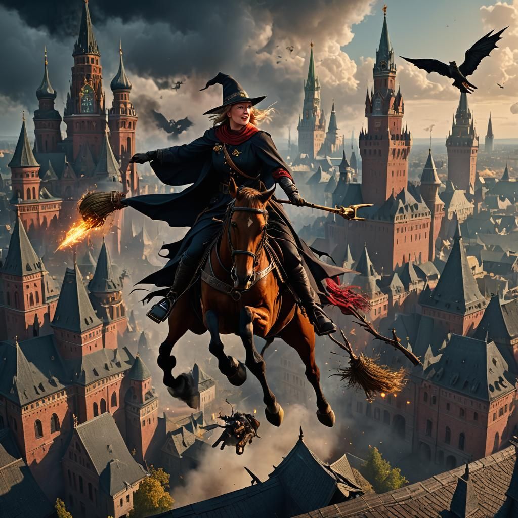 Politician Attacks Kremlin on Broom, Fantasy Art