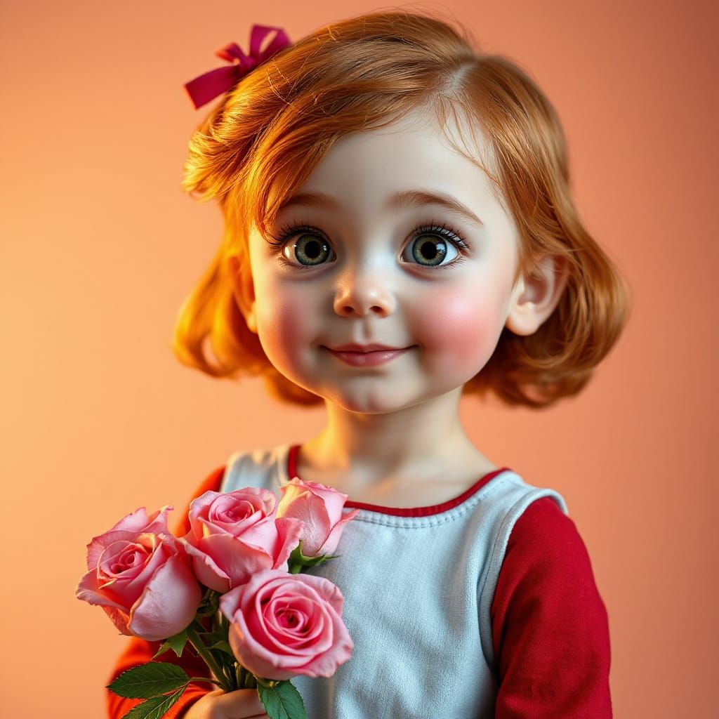 Redheaded Toddler with Roses in Pixar Style