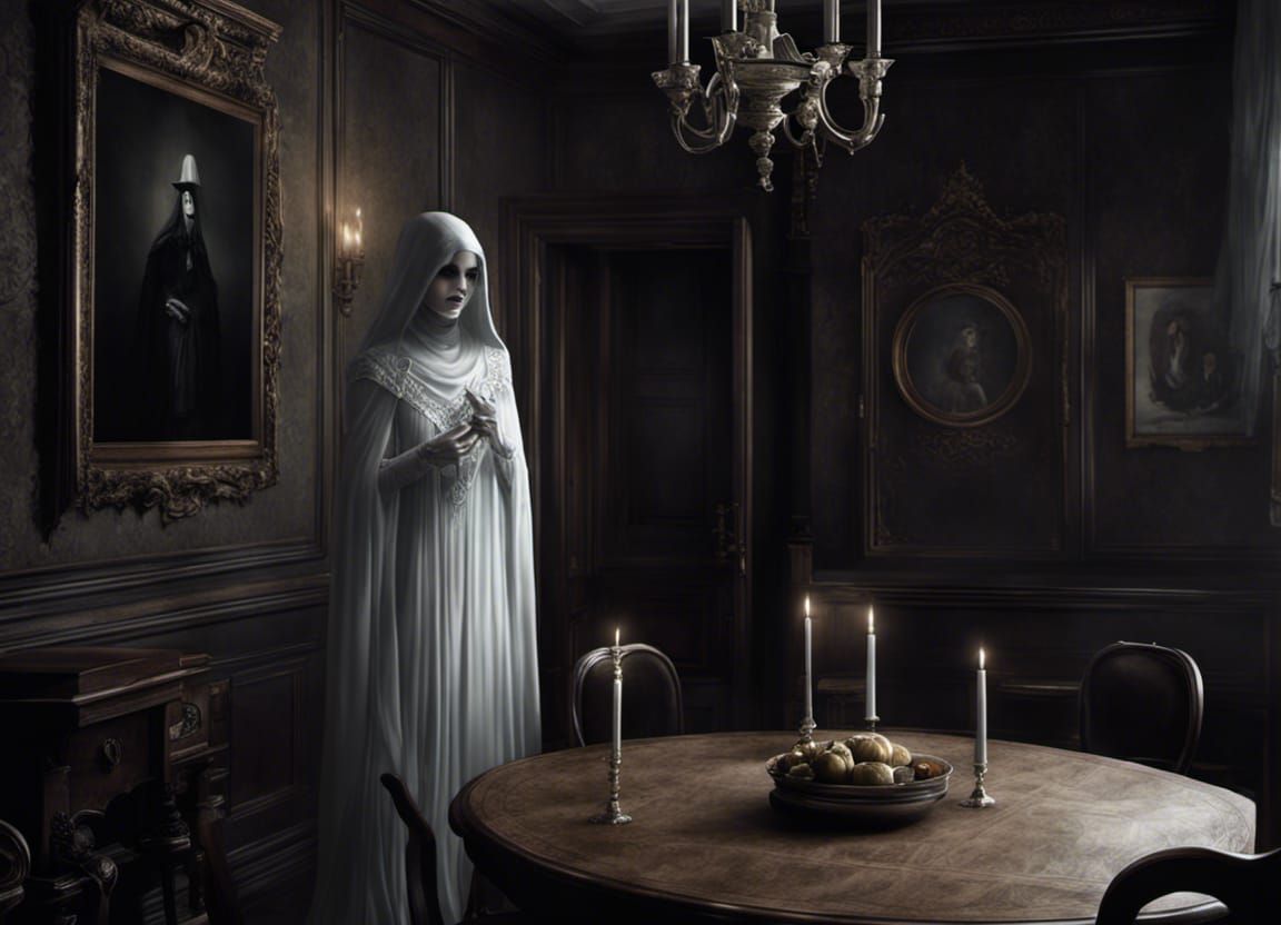 Gloomy Gothic Ghost in Haunted Dining Room