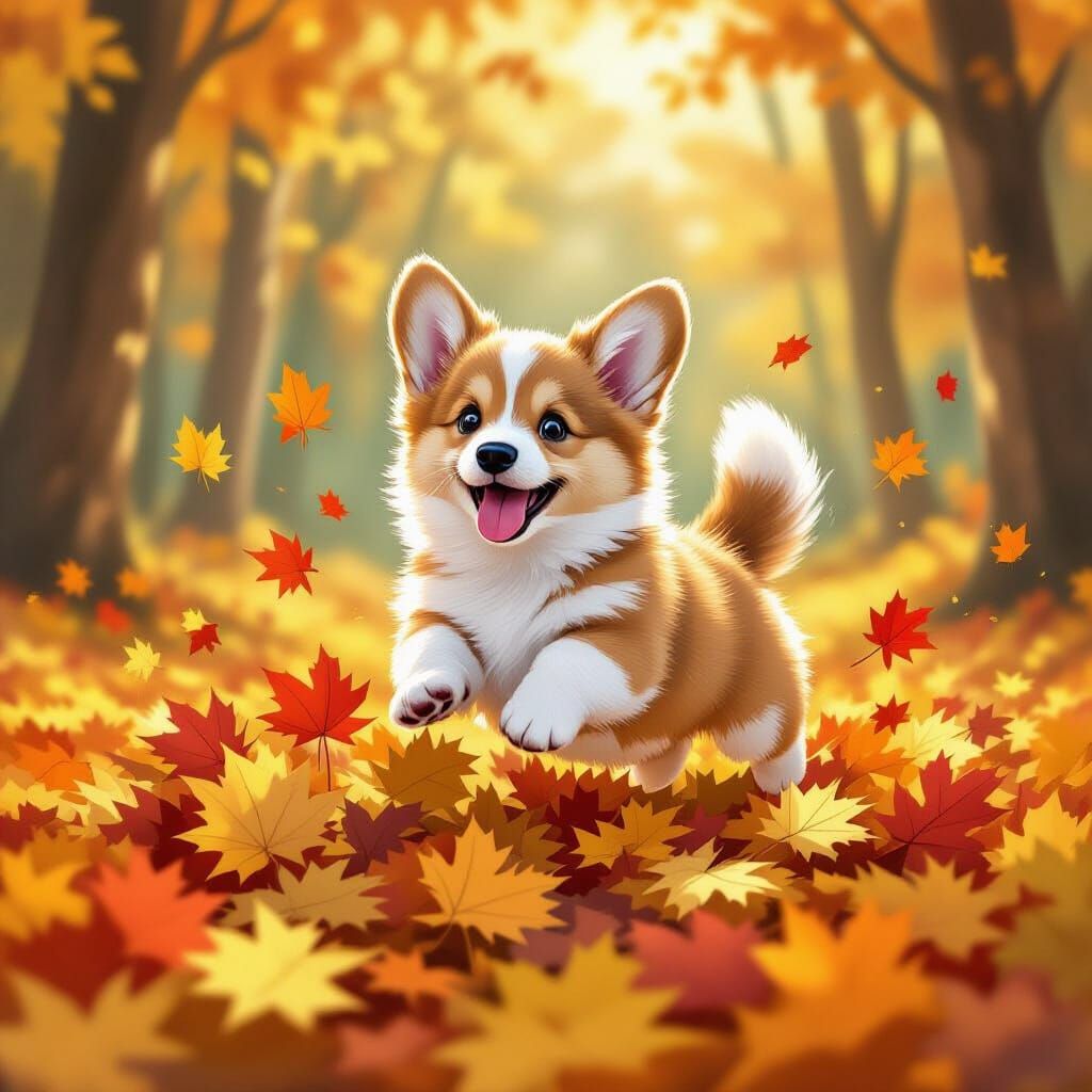 Fluffy Corgi Puppy Leaps Into Autumn Leaves