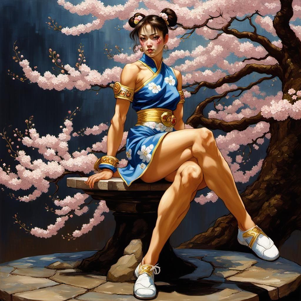 Chun Li with Cherry Blossoms in Art Nouveau Style
