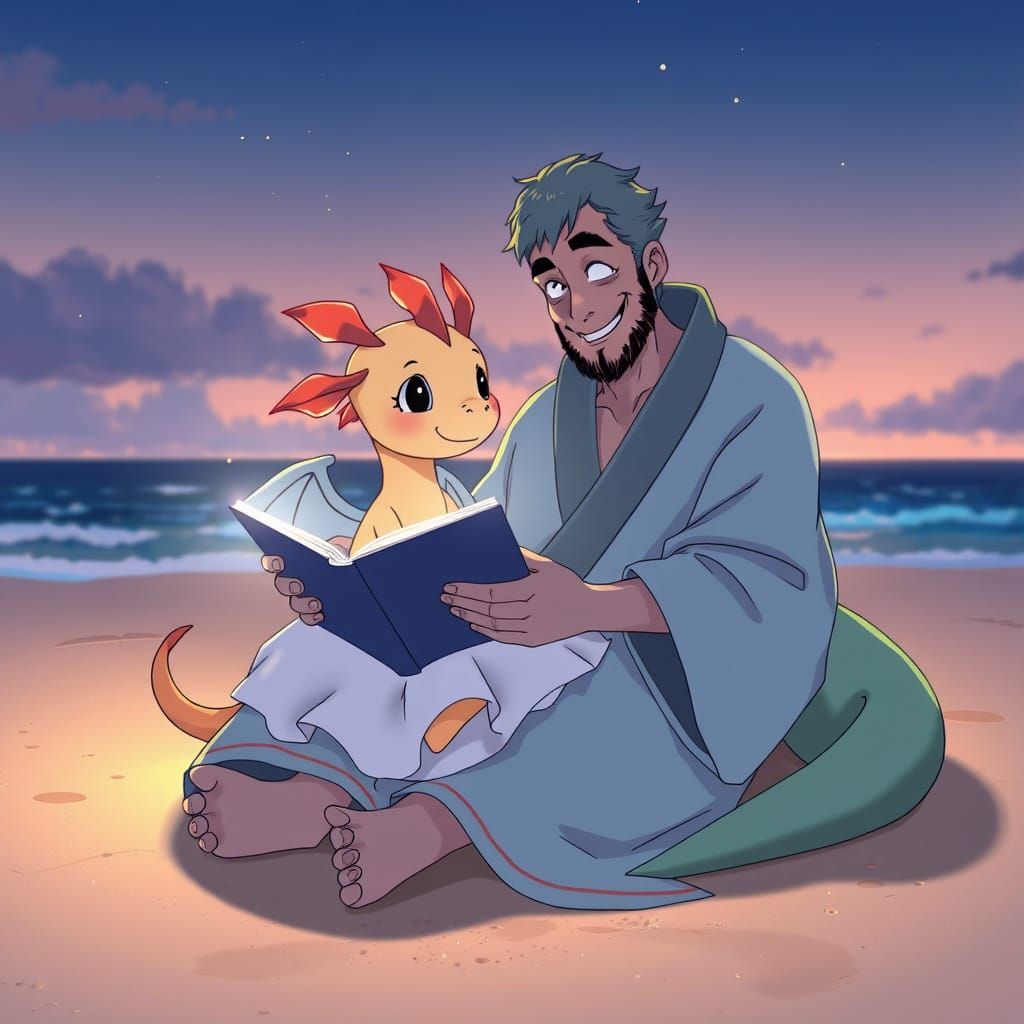 Anime Dragon Family Bedtime Story on the Beach