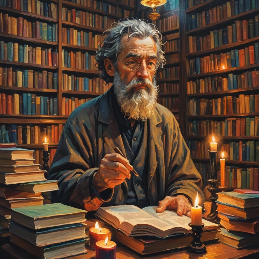 Philosopher in Library as Expressionist Oil Painting