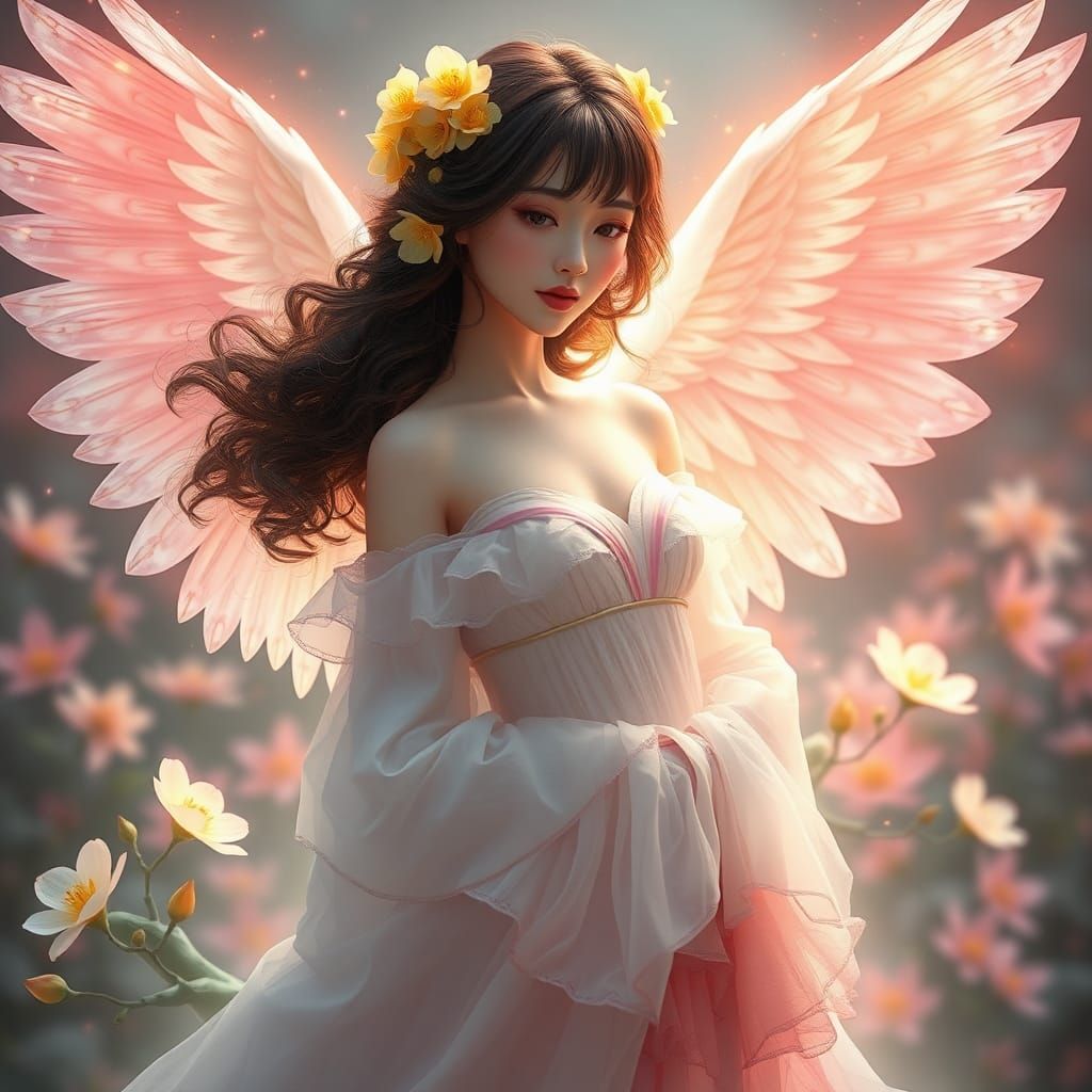 Ethereal Chinese Woman with Flowers, Digital Art