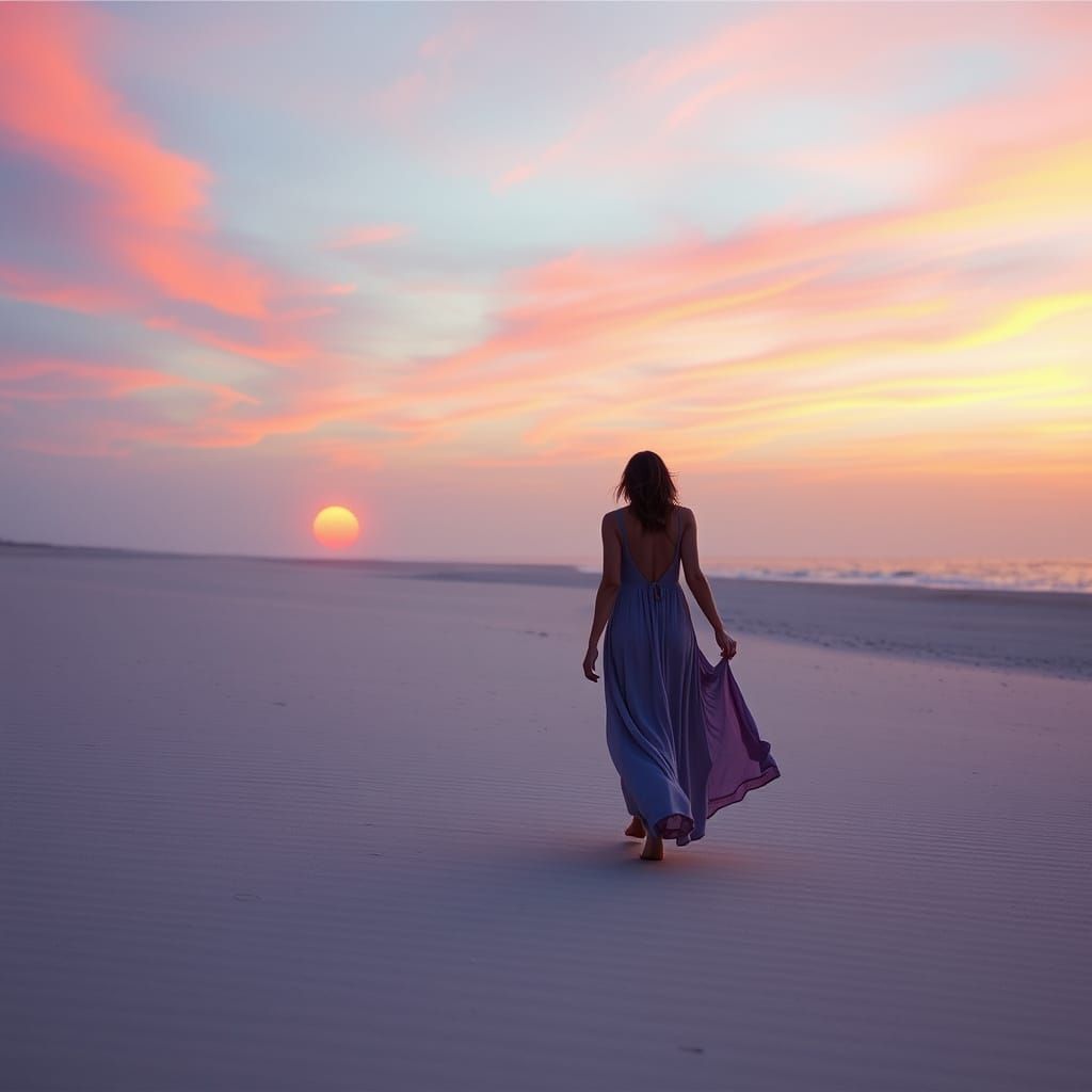 Woman on Beach at Sunset in Dreamy Style