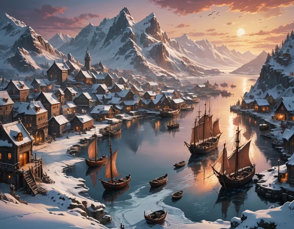 Winter Fantasy Harbour with Sailing Ships