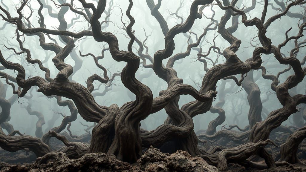 Twisted Clay Forest in Hyperrealistic Sculpture Style