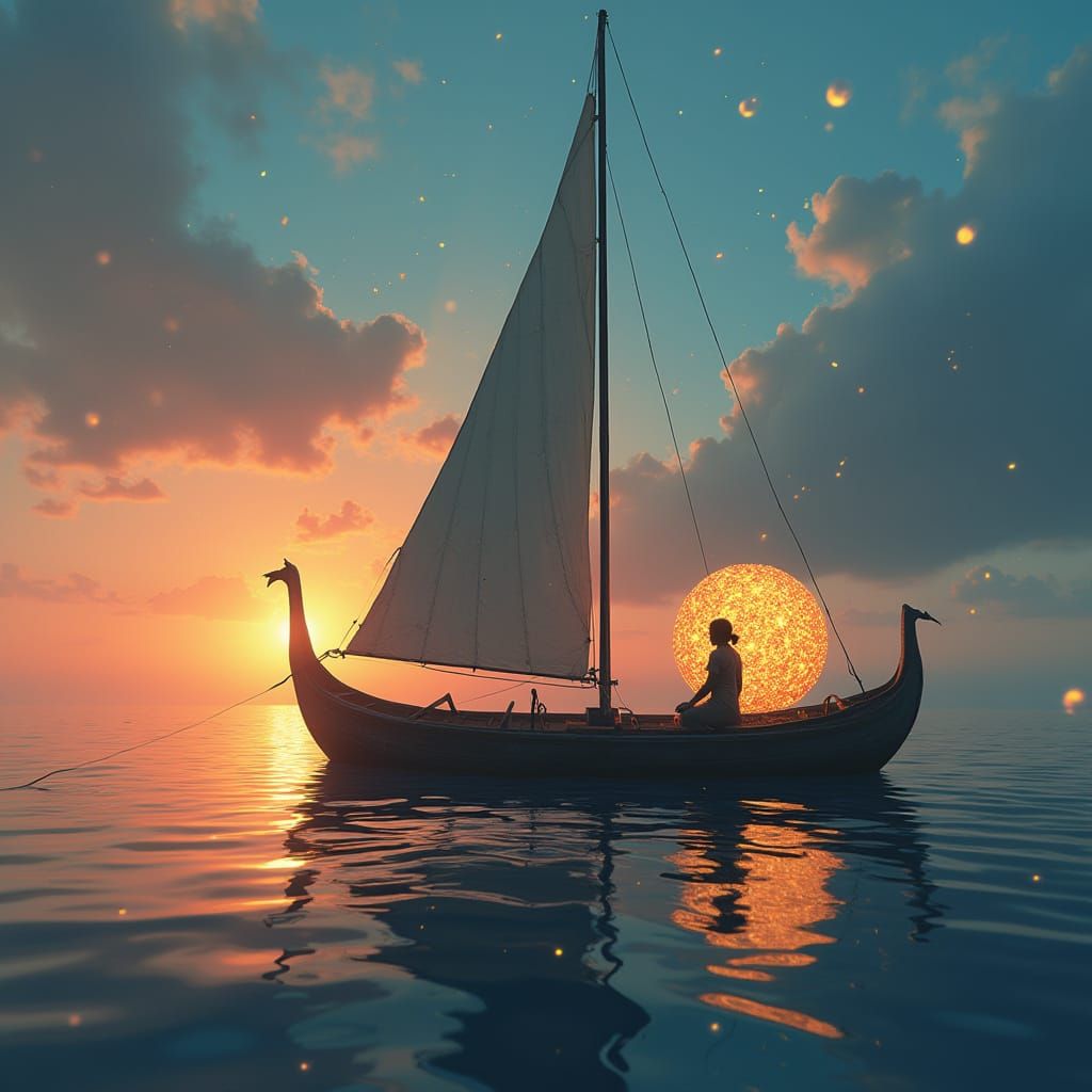 Solitary Boat Drifting on Tranquil Sea at Dawn