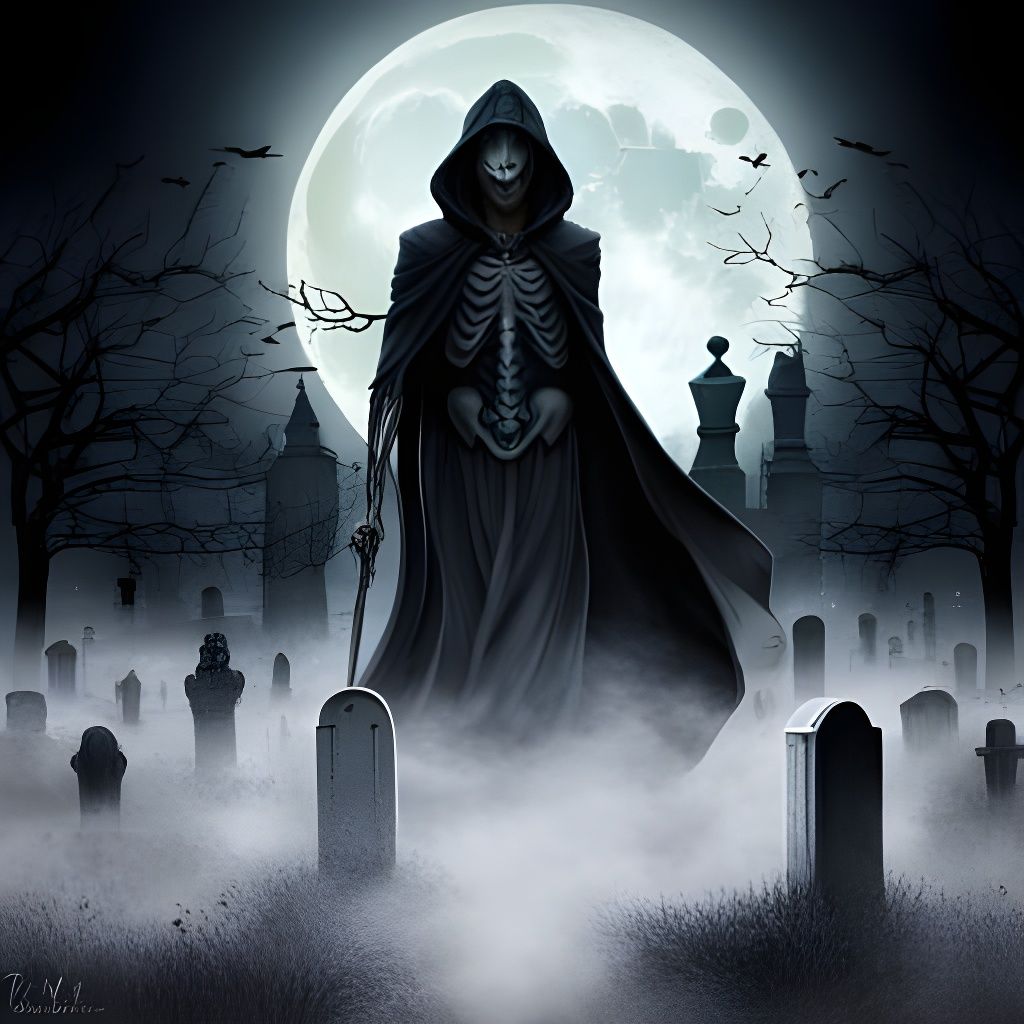 Gloomy Graveyard: Dark Hooded Skeleton Ghost
