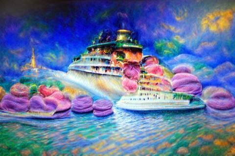 Macaron Cruise Ship Sails Away: Fauvist Impression
