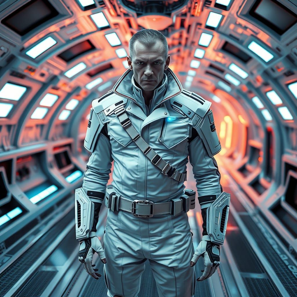 Vampire in Cyberpunk Military Outfit on Spaceship