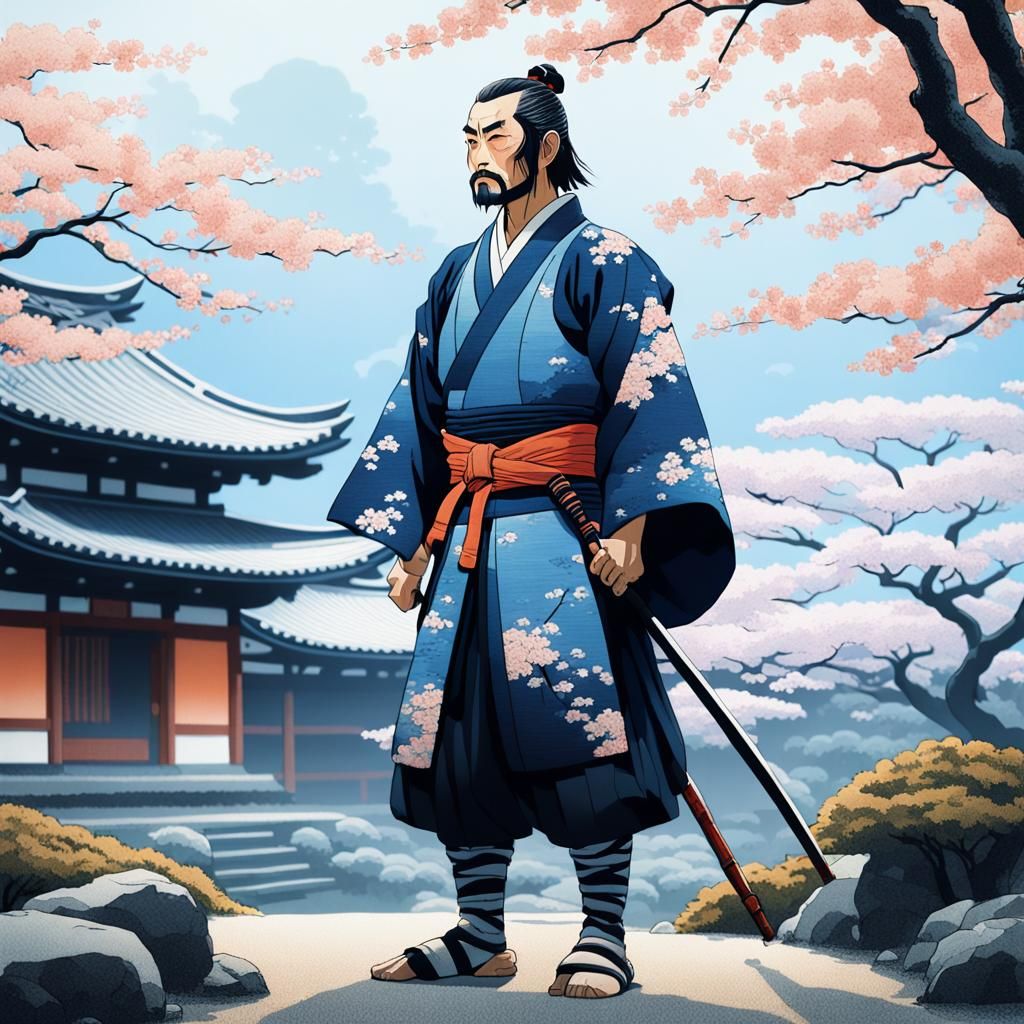 Samurai in Ukiyo-e Style Garden Portrait