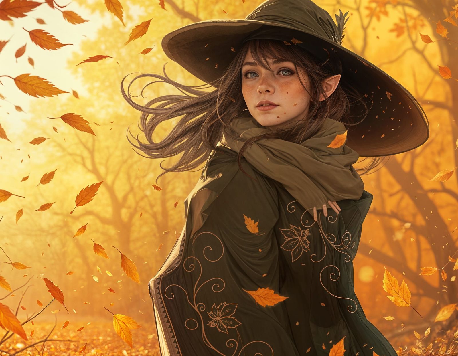 Whimsical Autumn Witch in Cozy Scene
