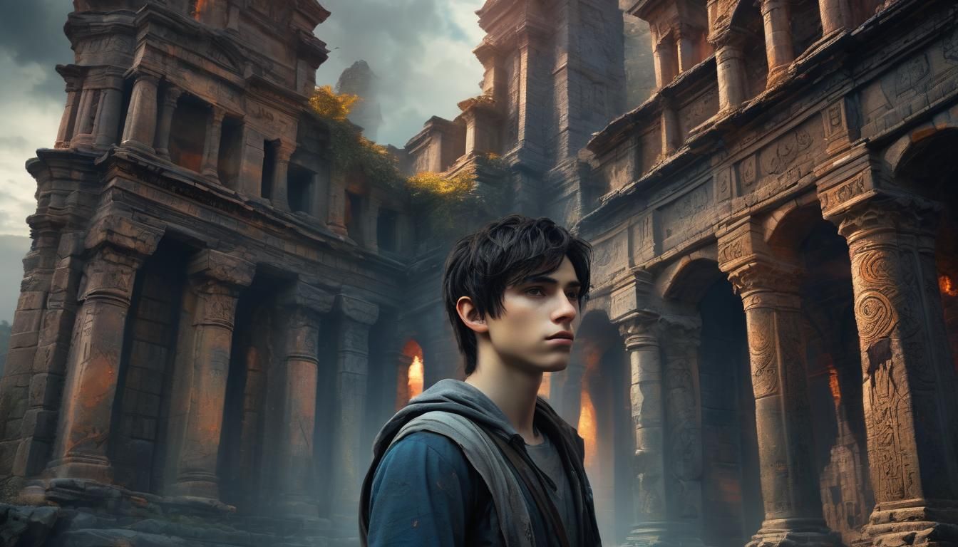 Heroic Teen in Mystical Ruins: Dark Fantasy Art