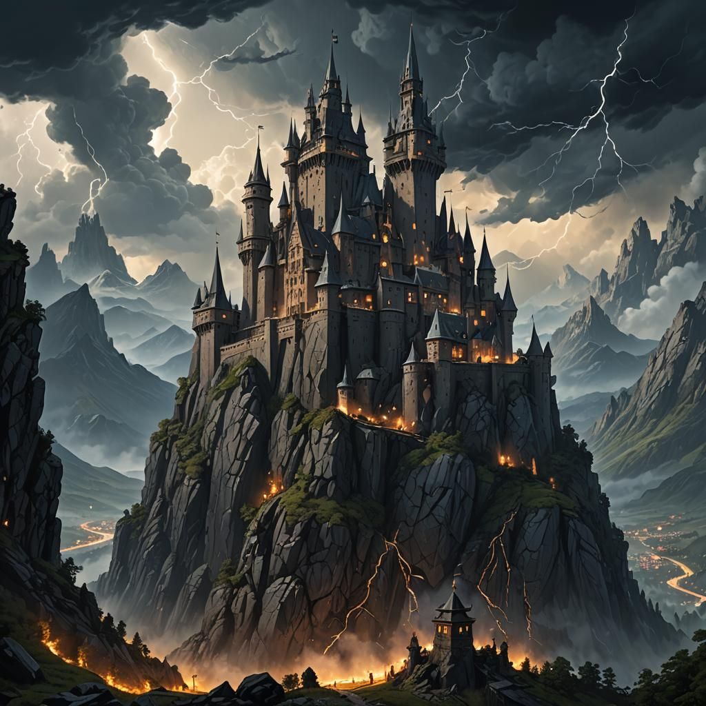 Stormy Fantasy Castle with Dragons, Matte Painting