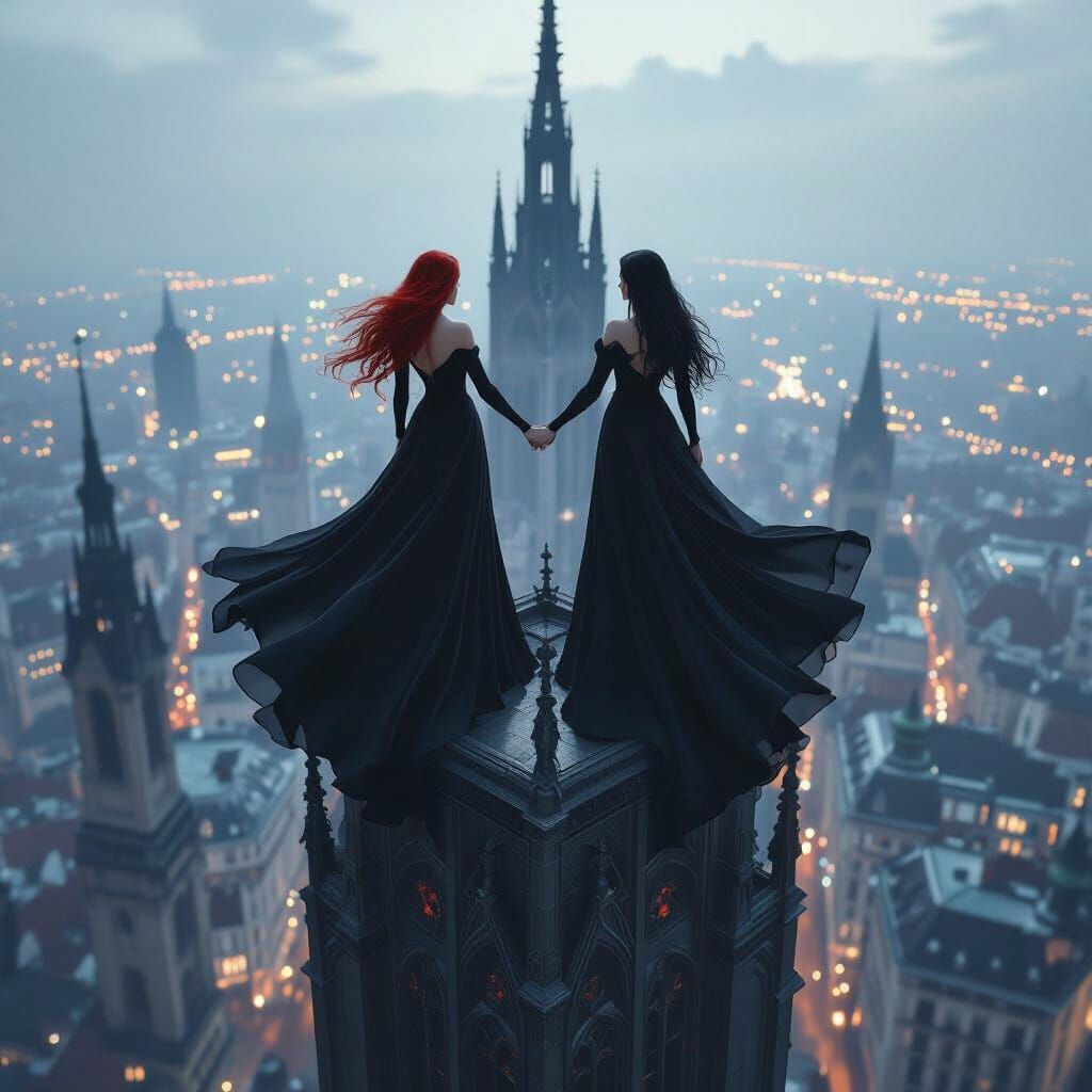 Vampiresses on Gothic Skyscraper in Hyperrealistic Style