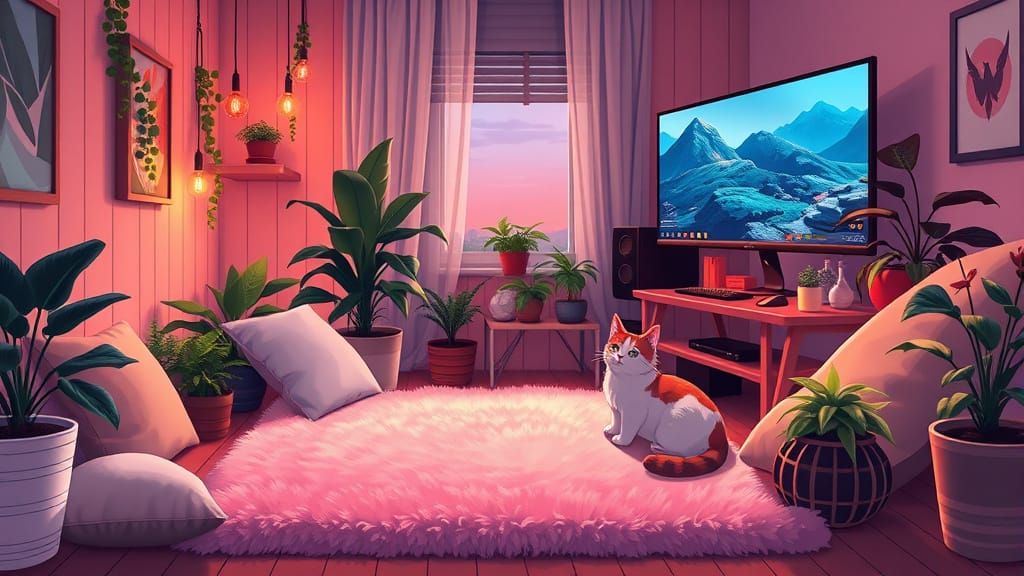 Anime-Inspired Lofi Gaming Haven with Feline Touch
