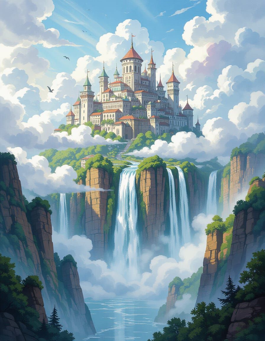 Surreal Waterfalls Cascade from Cloud City in Watercolor