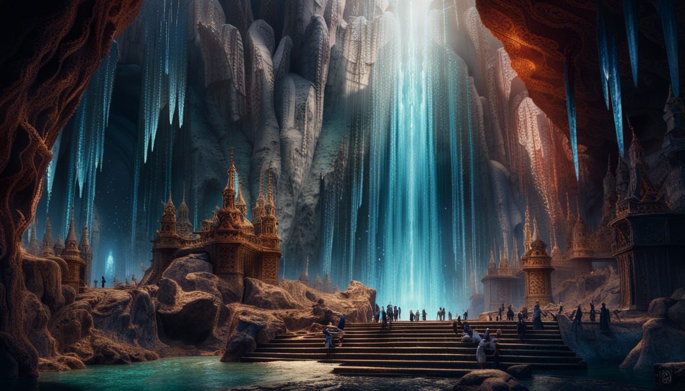 Fantasy Cityscape Behind Waterfall in Crystal Cave