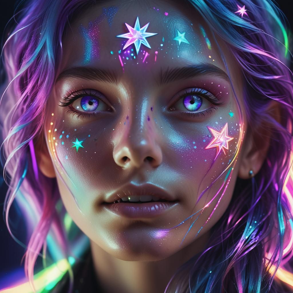 Iridescent Woman Portrait with Luminous Hair