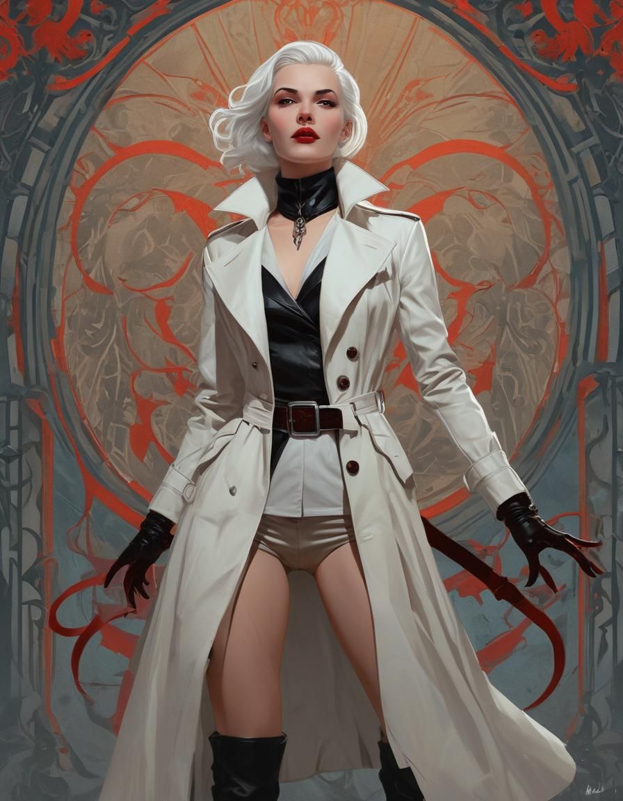 Vampire in 1950s Attire, Art Nouveau Background