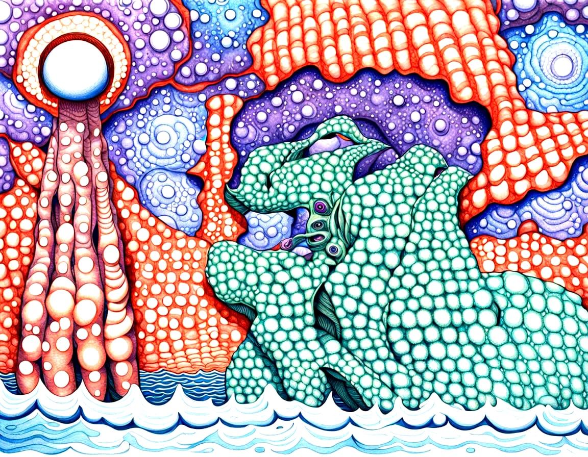 UFO Hovering Over Water in Ink Ballpoint Style