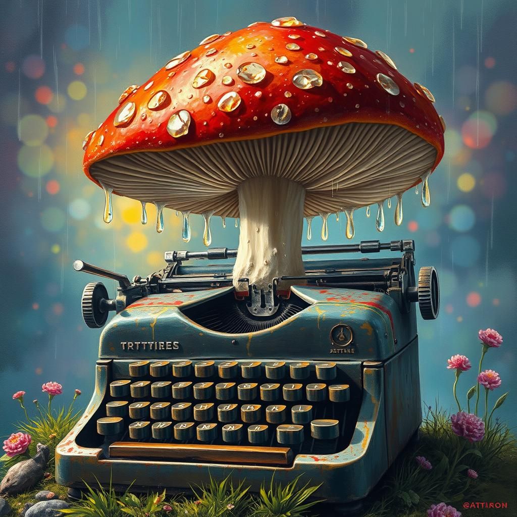 Mushroom Typewriter in Mixed Media Art Style