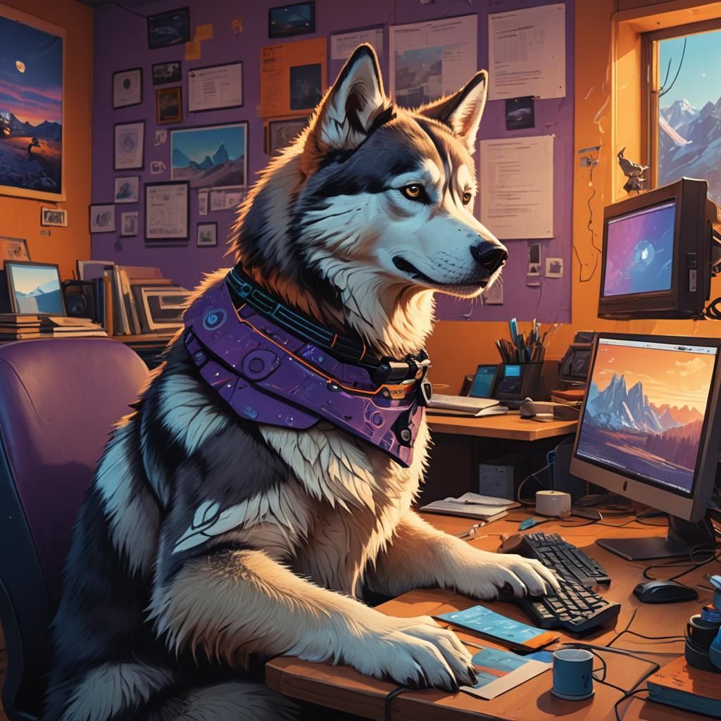 Husky at Computer in Surreal Matte Painting