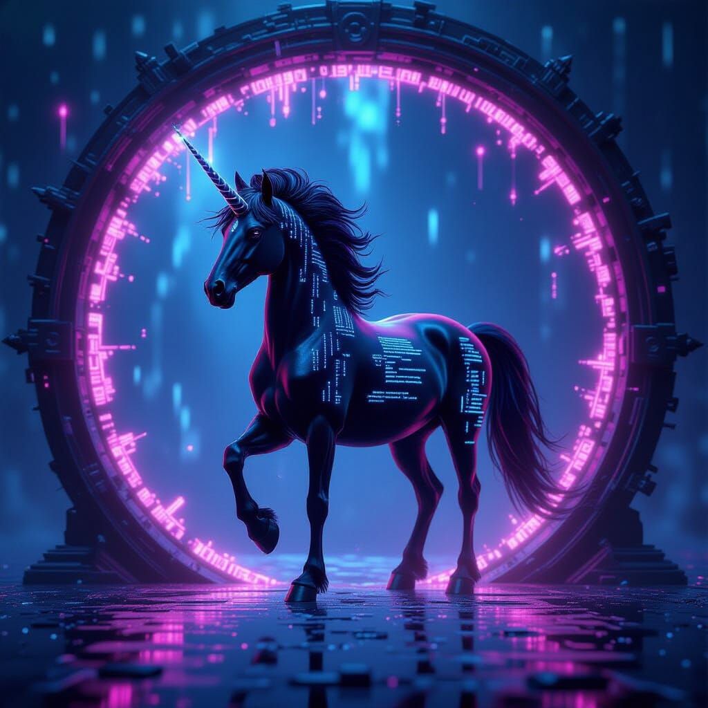 Majestic Black Unicorn in Digital Network, Dark Fantasy Styl...
