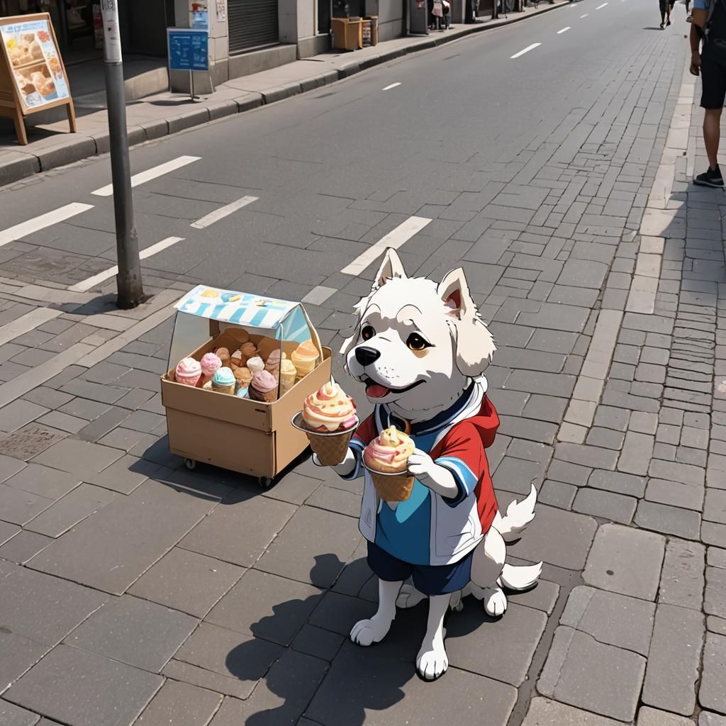 Anime Dog Selling Ice Cream on the Street