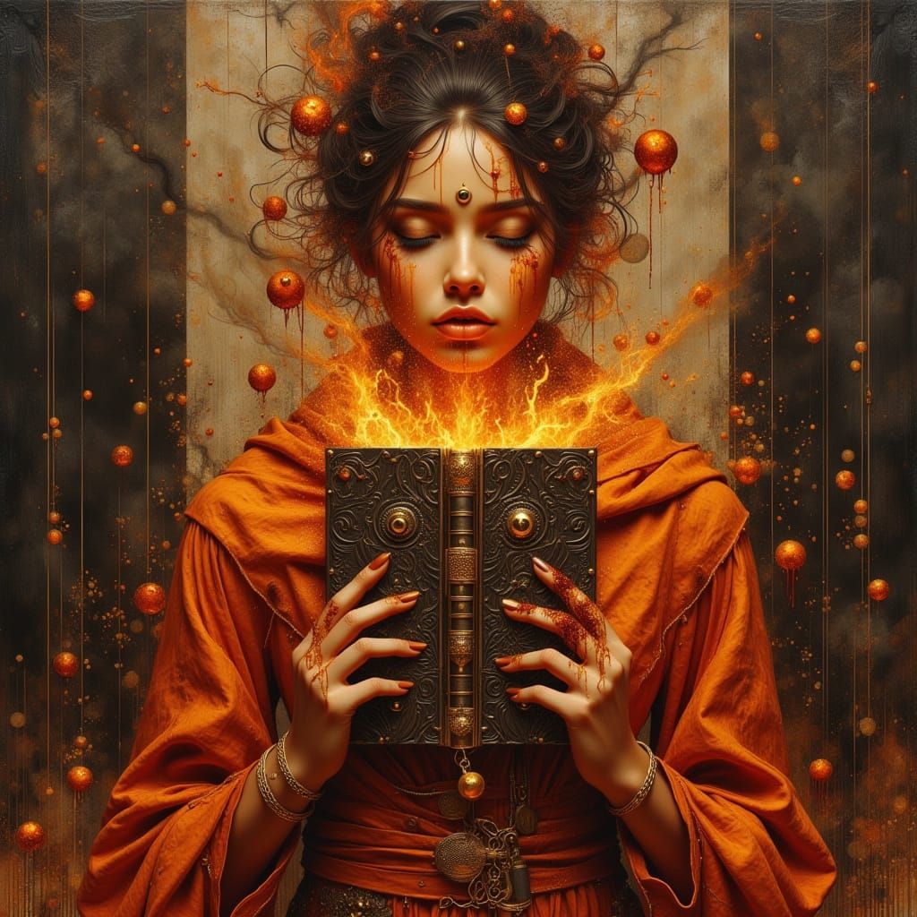Surreal Woman with Burning Book in Dark Fantasy Style