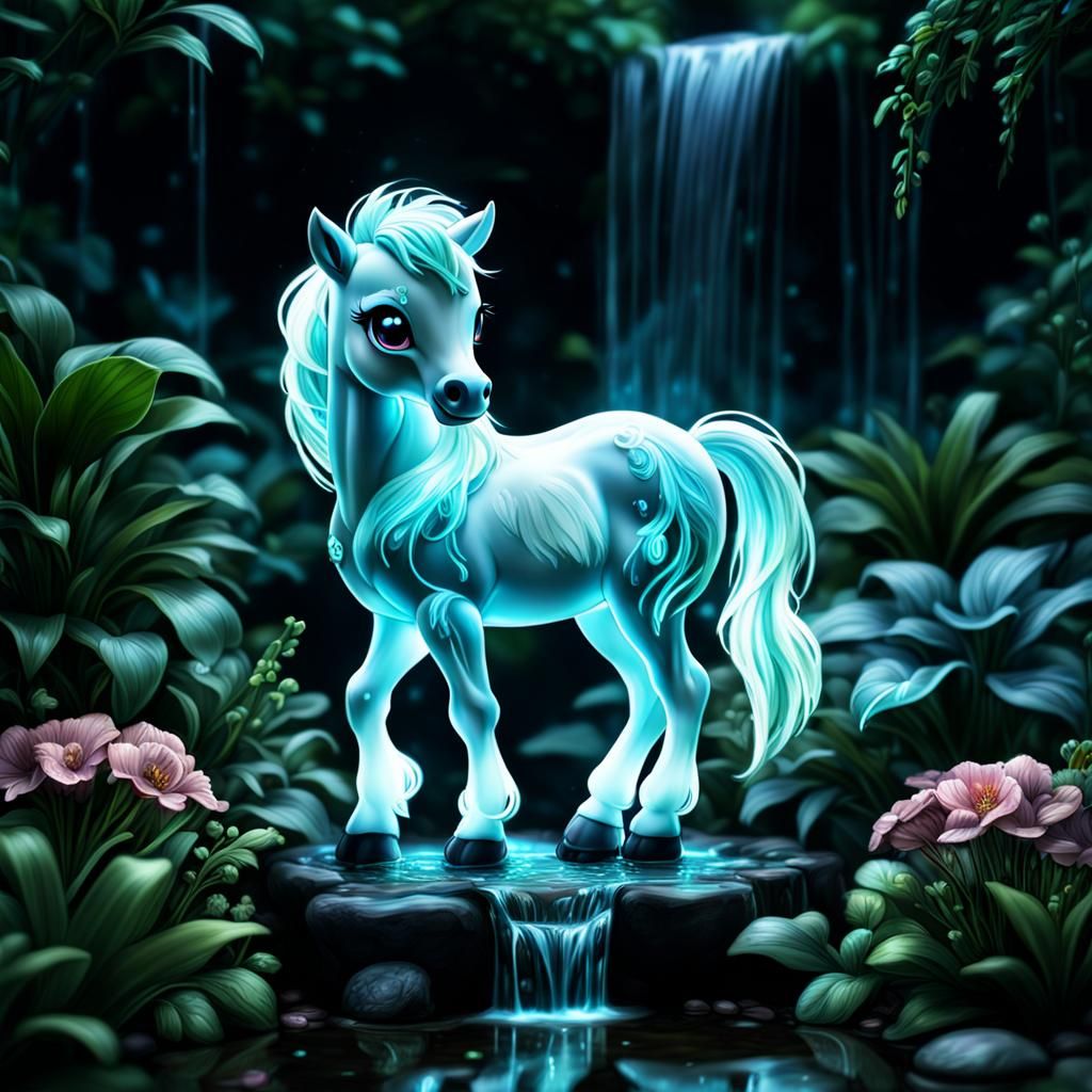 Bioluminescent Chibi Pony by Waterfall in Magical Garden