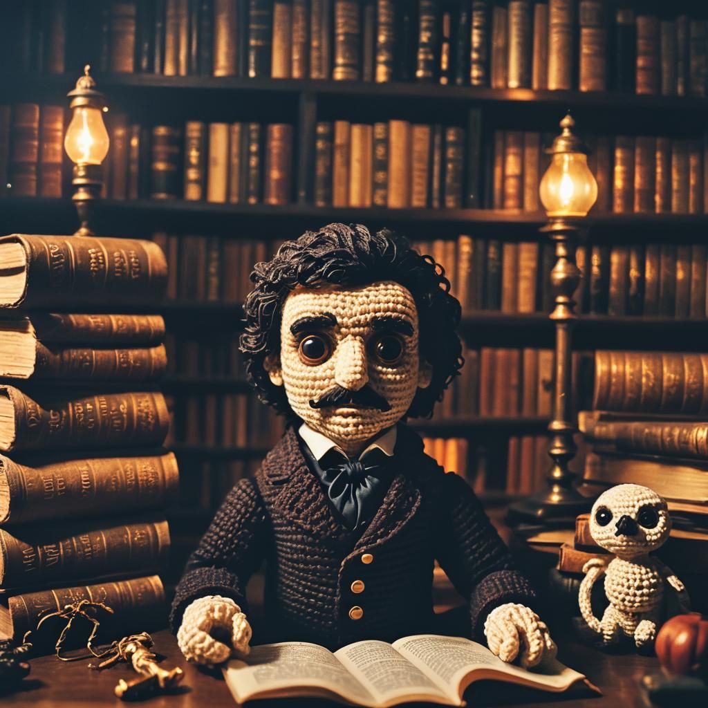 Edgar Allan Poe Crochet Doll Portrait in Ornate Study