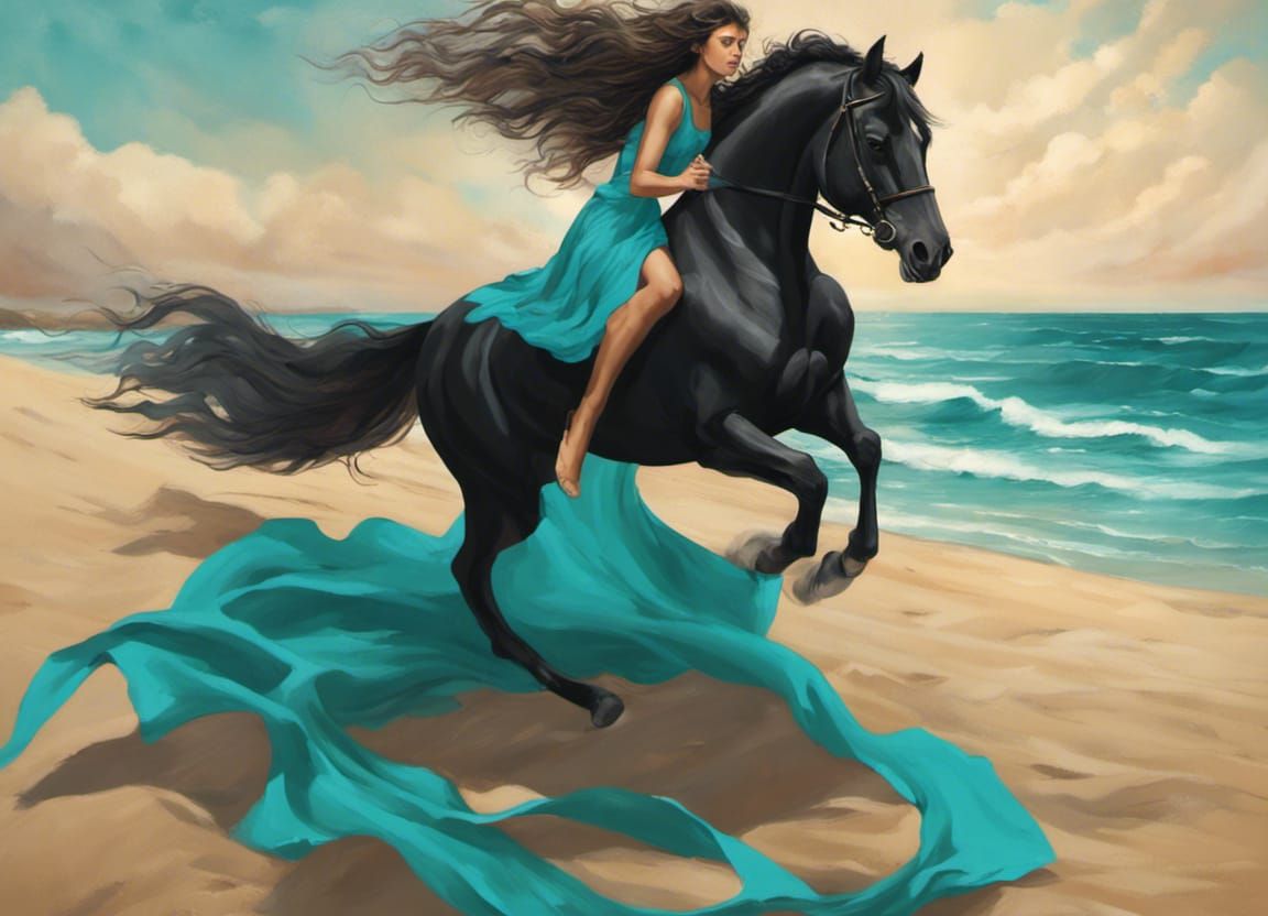 Woman Rides Horse on Beach in Dramatic Seascape