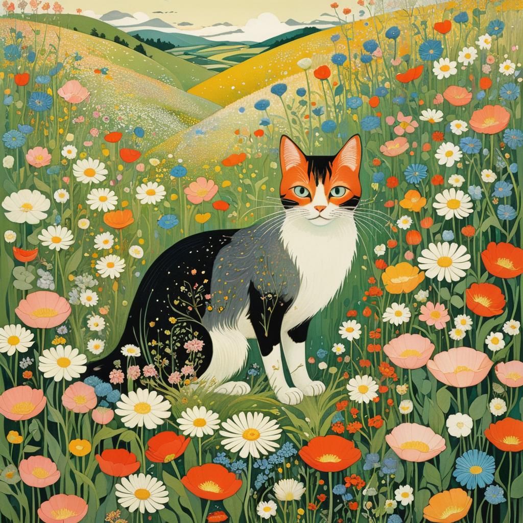 Cat in Flower Meadow, Golden Age Illustration