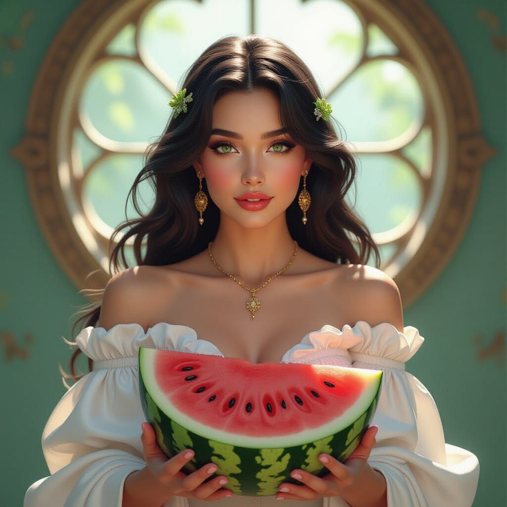 Watermelon Woman Portrait in Fantasy Realism Style