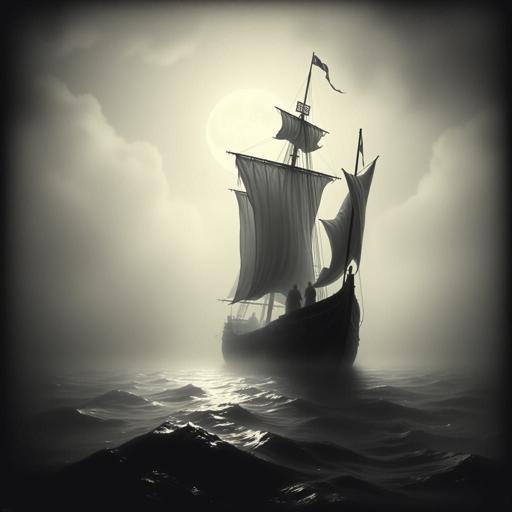 Spectral Galleon Sailing Through Misty Sea