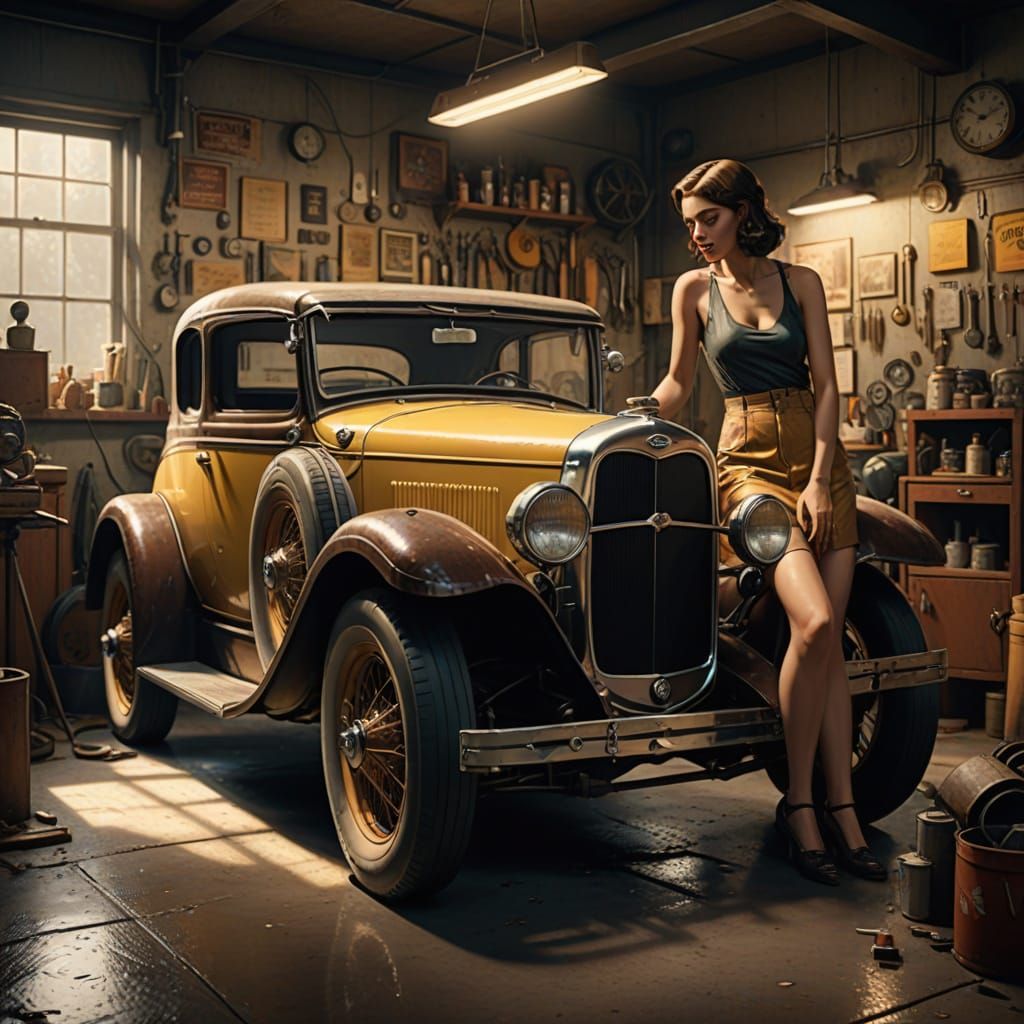 Girl Repairs Vintage Ford Car in Dimly Lit Garage