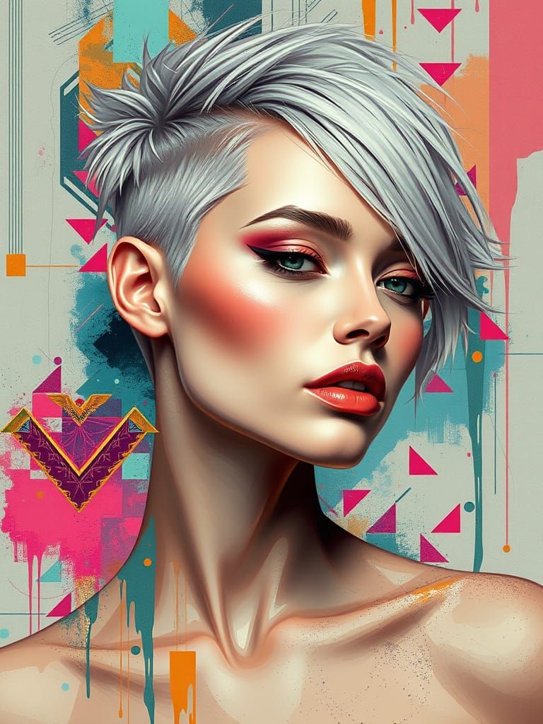 Stylish Woman with Abstract Haircut: Digital Art