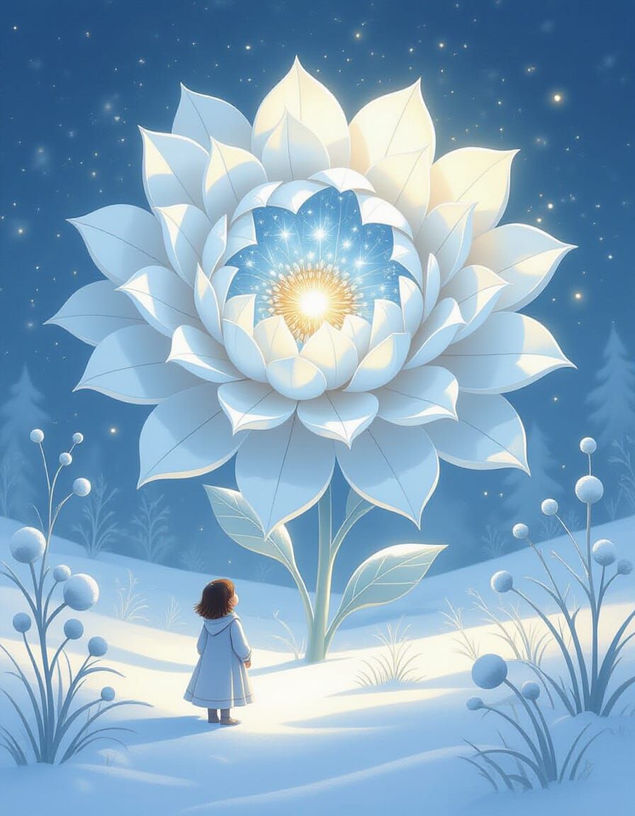 Girl Amazed by Giant Snowflower with Fairytale Scenes