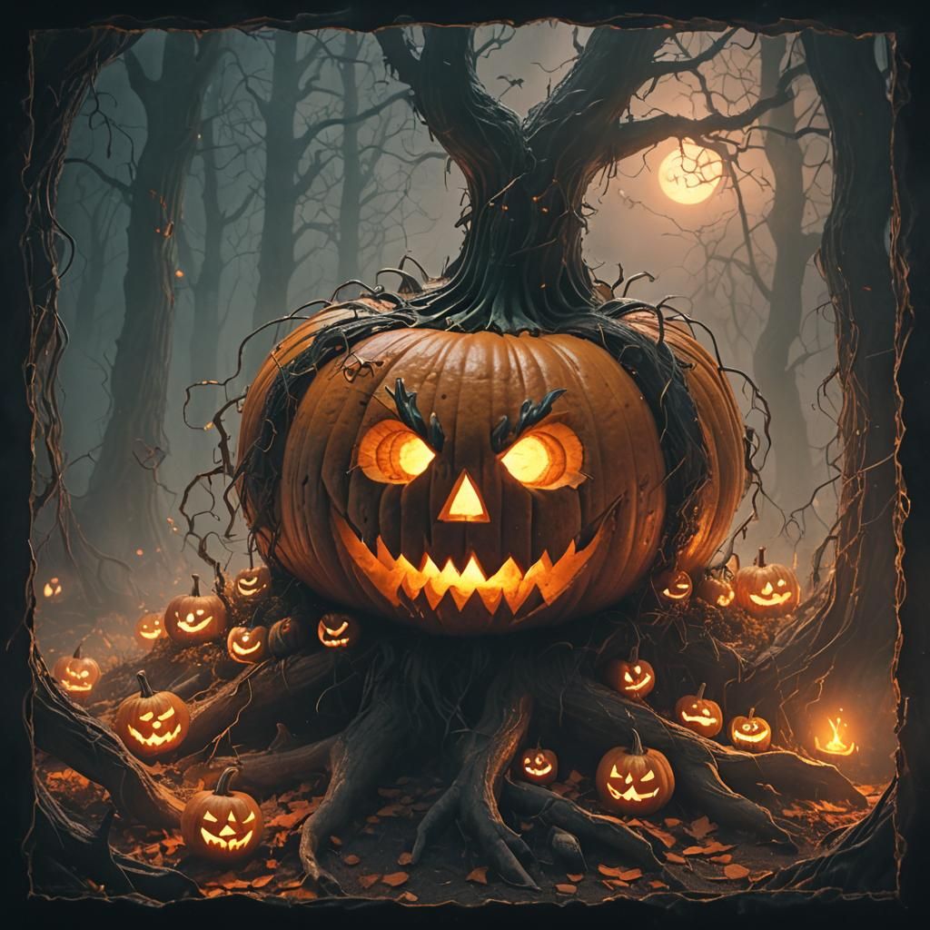 Eerie Glowing Jack-o'-Lantern in a Foggy Forest