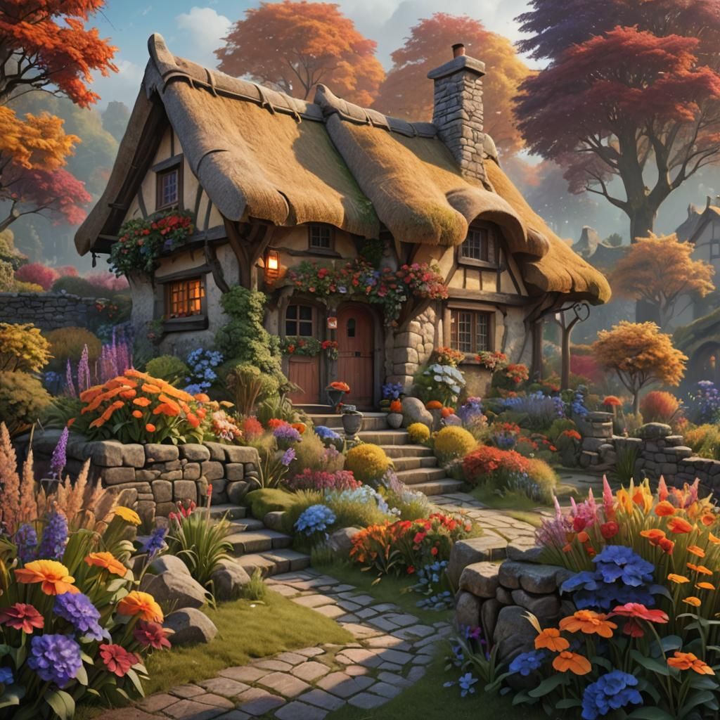 Enchanted Cottage Garden in Autumn Colors
