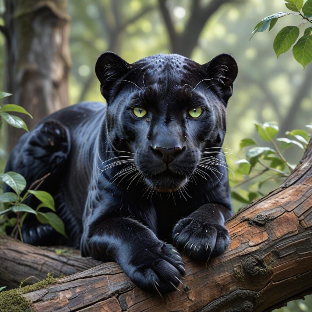 Hyper-Realistic Black Panther on Fallen Tree Branch