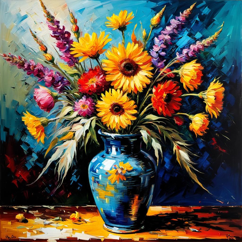Vase with Flowers: Tachisme Brushwork, Oil on Canvas