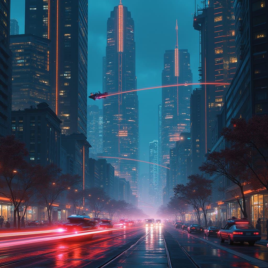 Futuristic Cityscape at Night in Cyberpunk Style