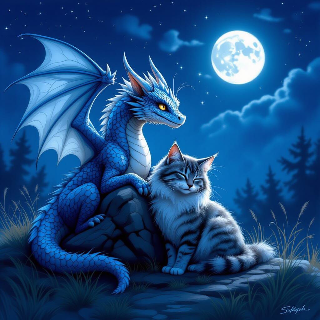 Silver Dragon Comforts Wildcat in Moonlit Night