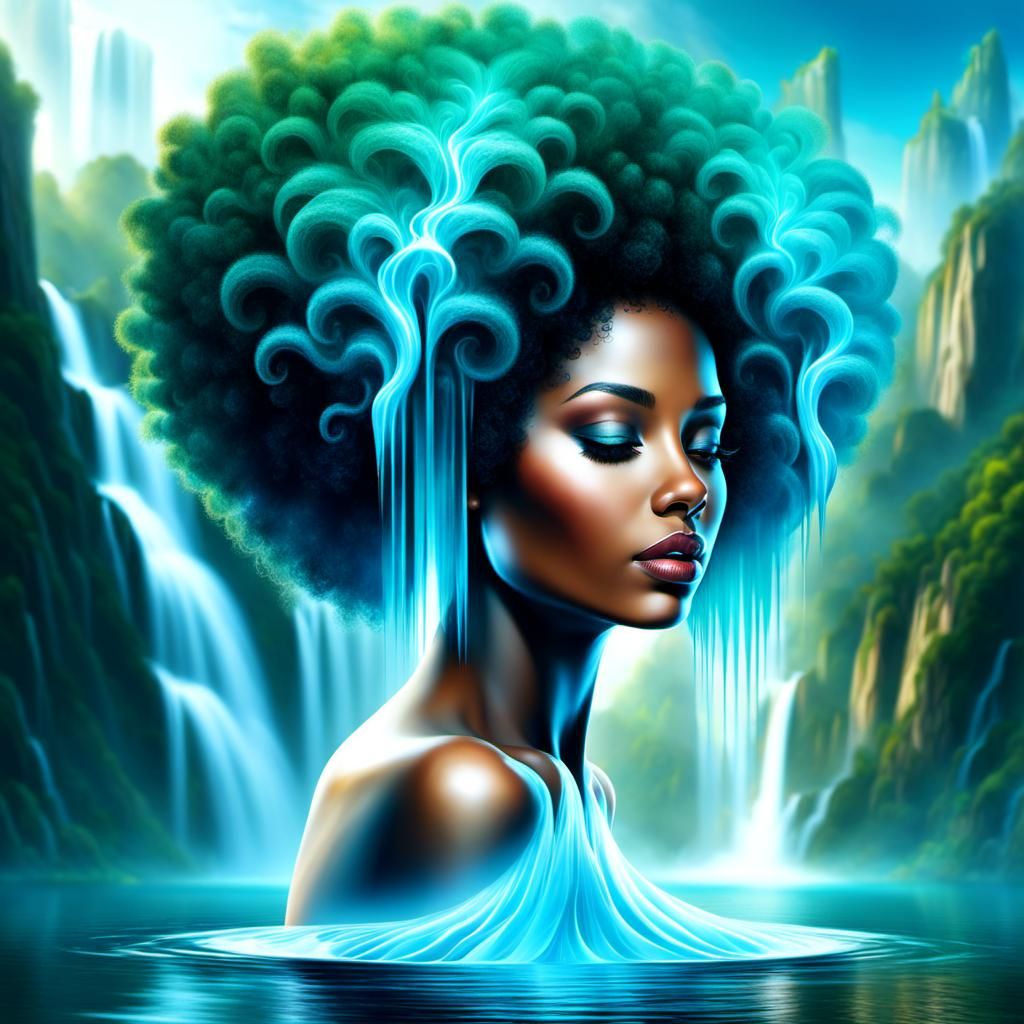 Teal Afro Woman with Waterfalls, Hyperrealistic Art