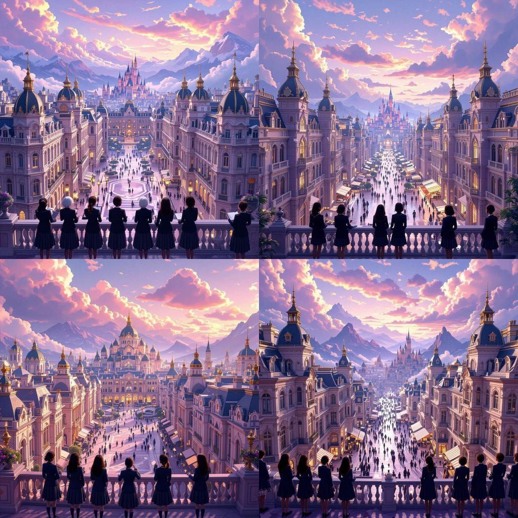 Victorian Rose-Gold City Under Purple Sky, Fantasy Concept A...