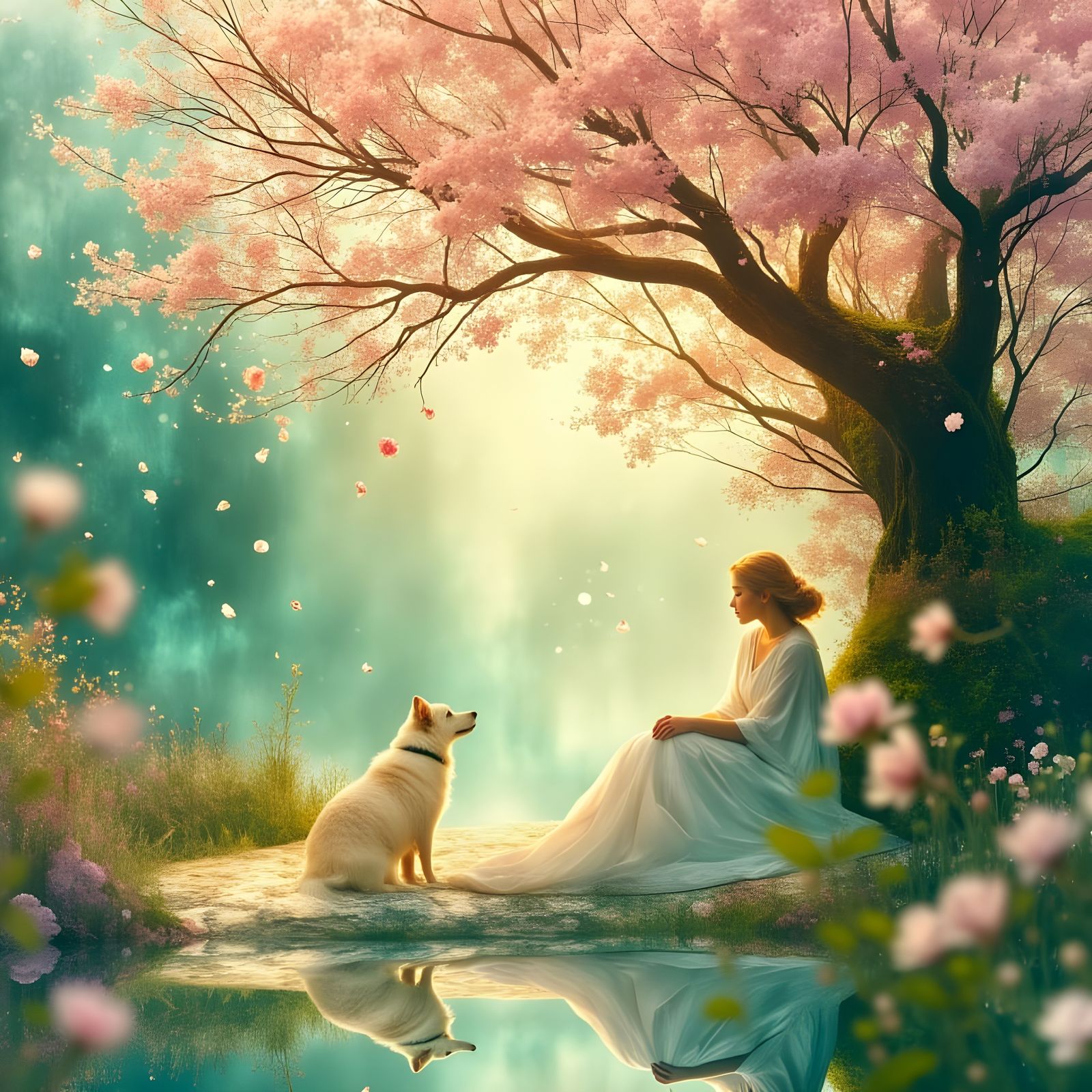 Ethereal Woman Contemplates in a Dreamy Garden Scene